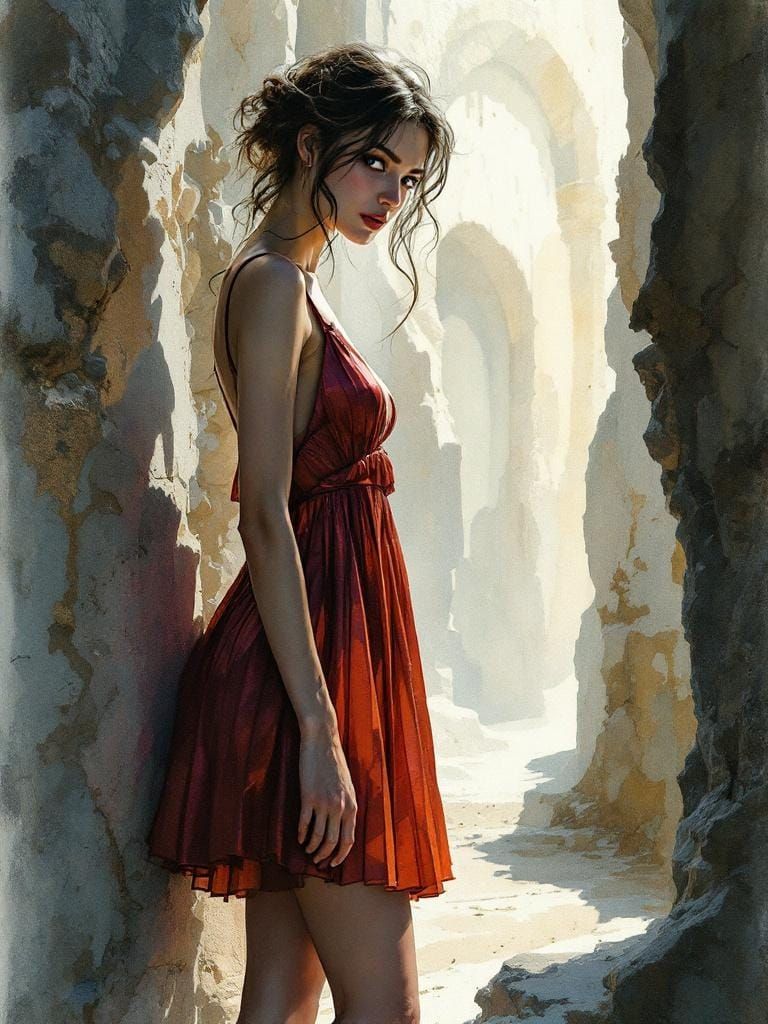 Italian Woman in Dress, Atmospheric Watercolor Painting