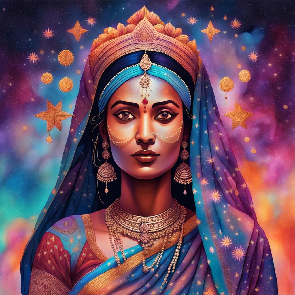 Cosmic Indian Woman Portrait in Holographic Style