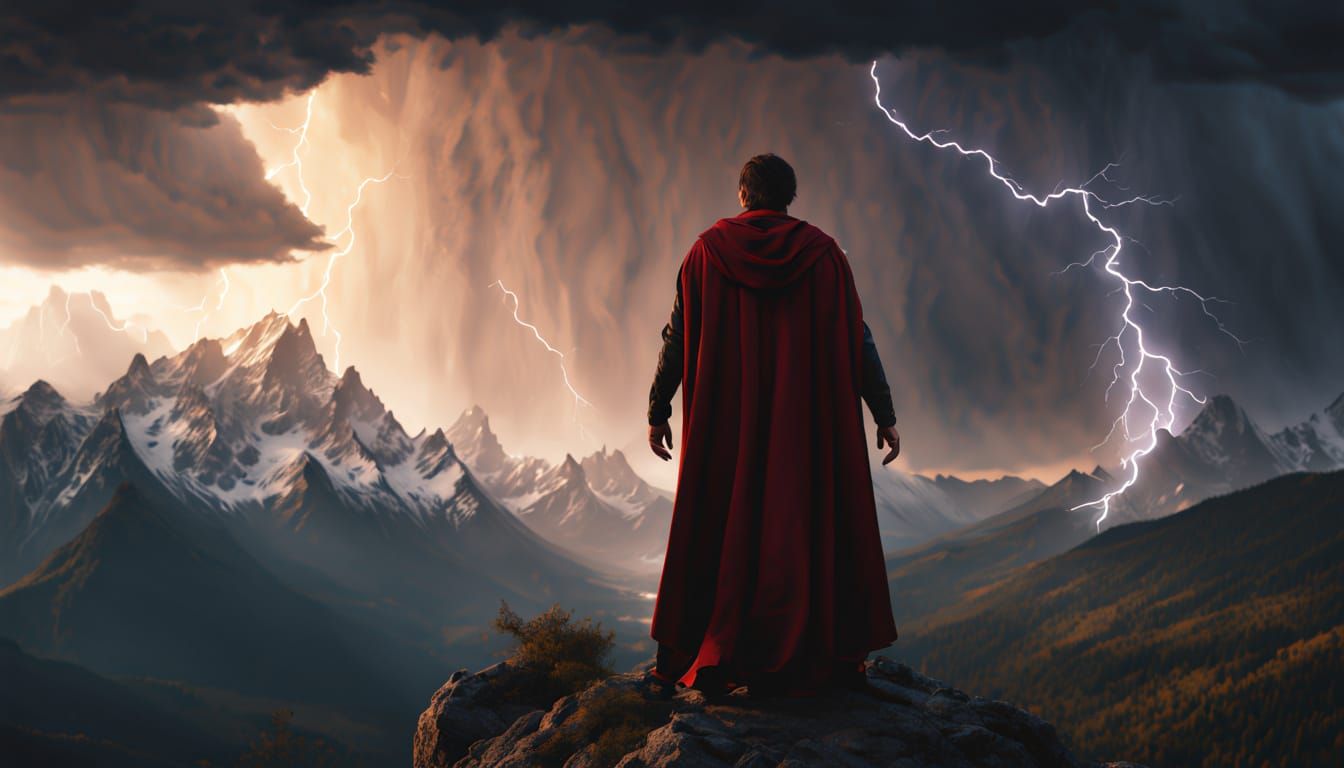 Epic Figure Amidst Storm on Mountain Peak