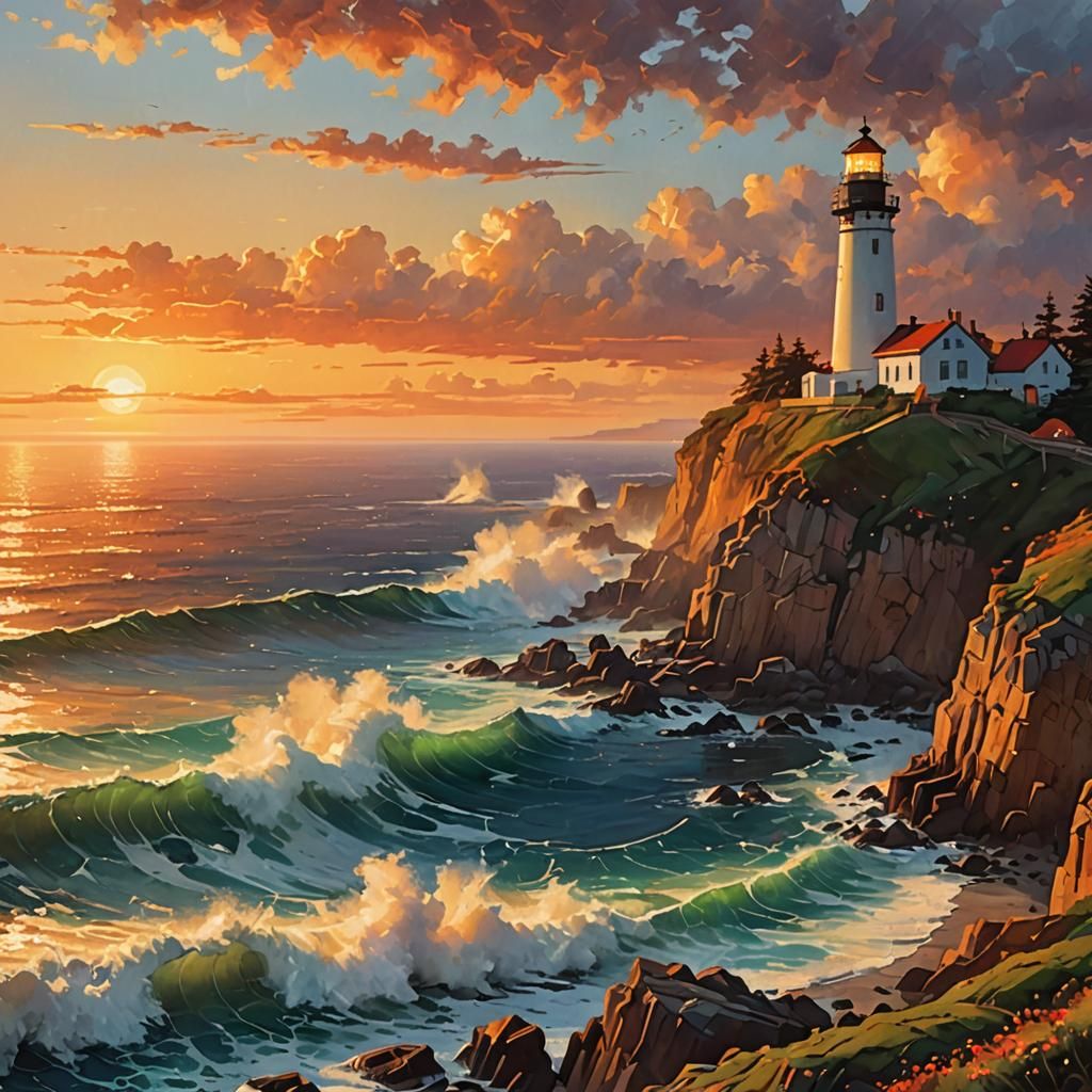 Coastal Lighthouse Sunset in Impressionist Style
