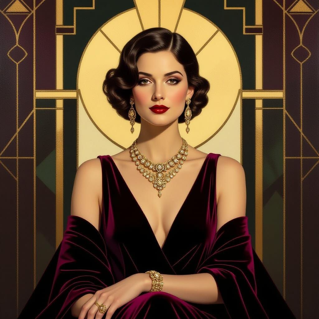 Art Deco Woman in Burgundy Velvet and Gold Jewelry