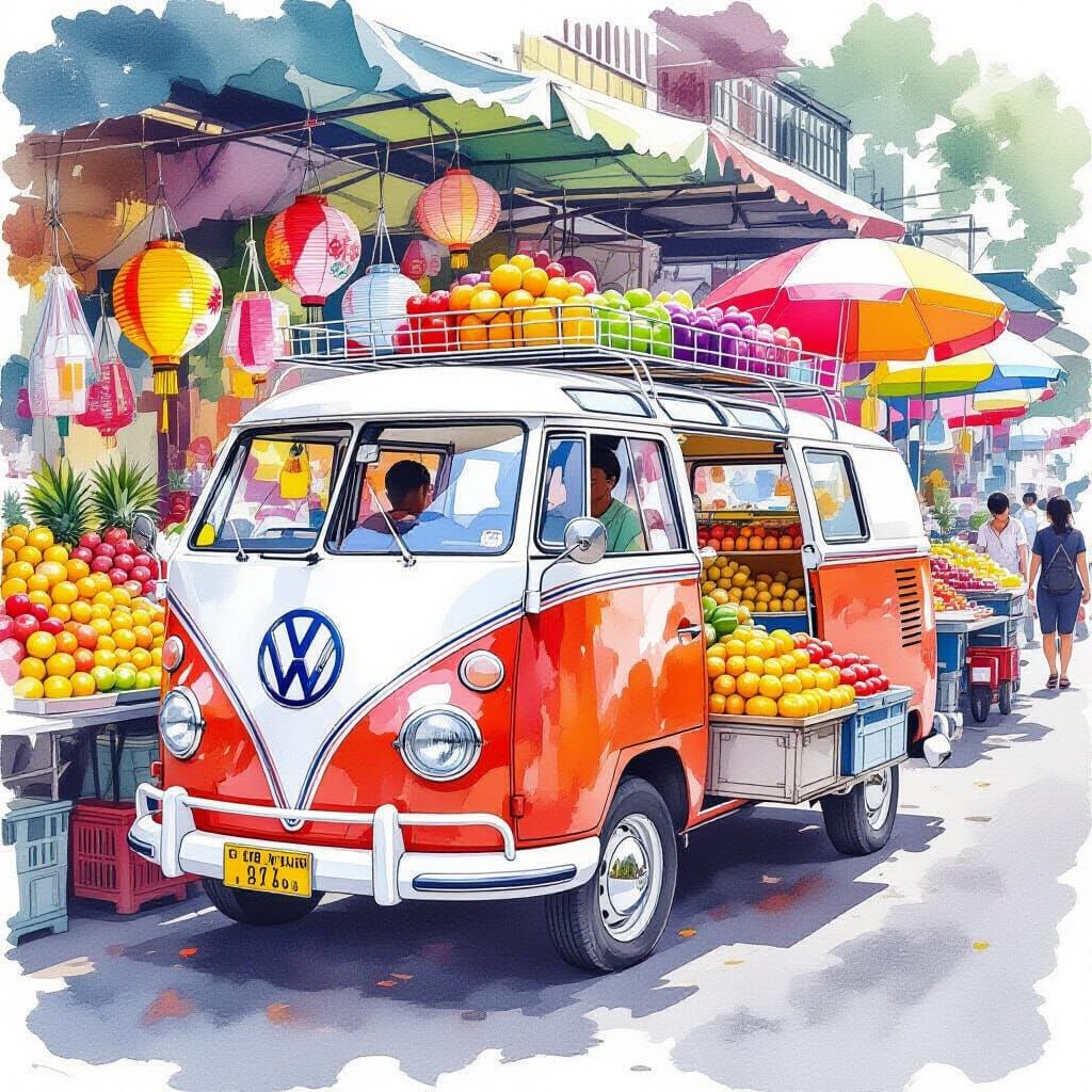 VW Bus Market Stall in Vibrant Thai Watercolor Market
