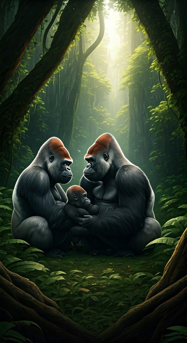 Gorilla Family in Rainforest: Detailed Matte Painting
