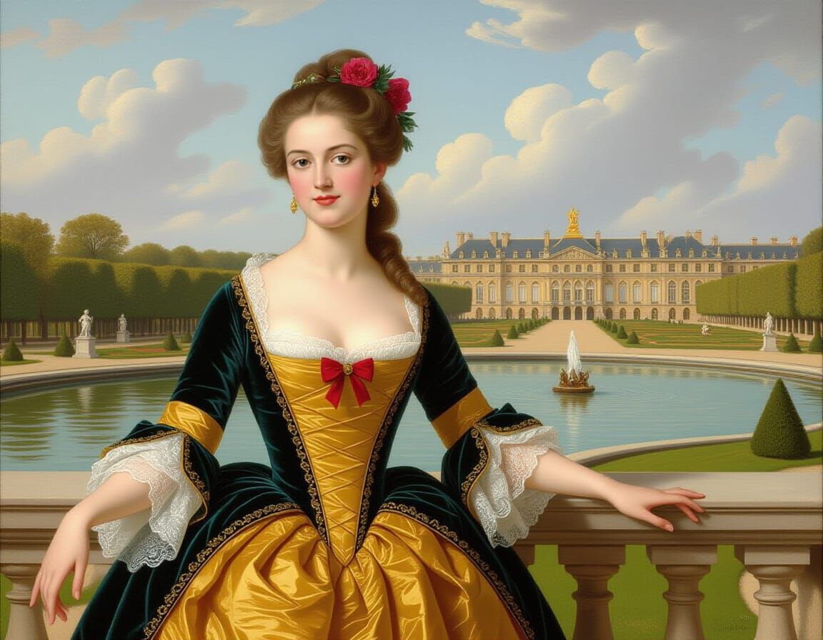 Baroque Lady Posing in Versailles Gardens