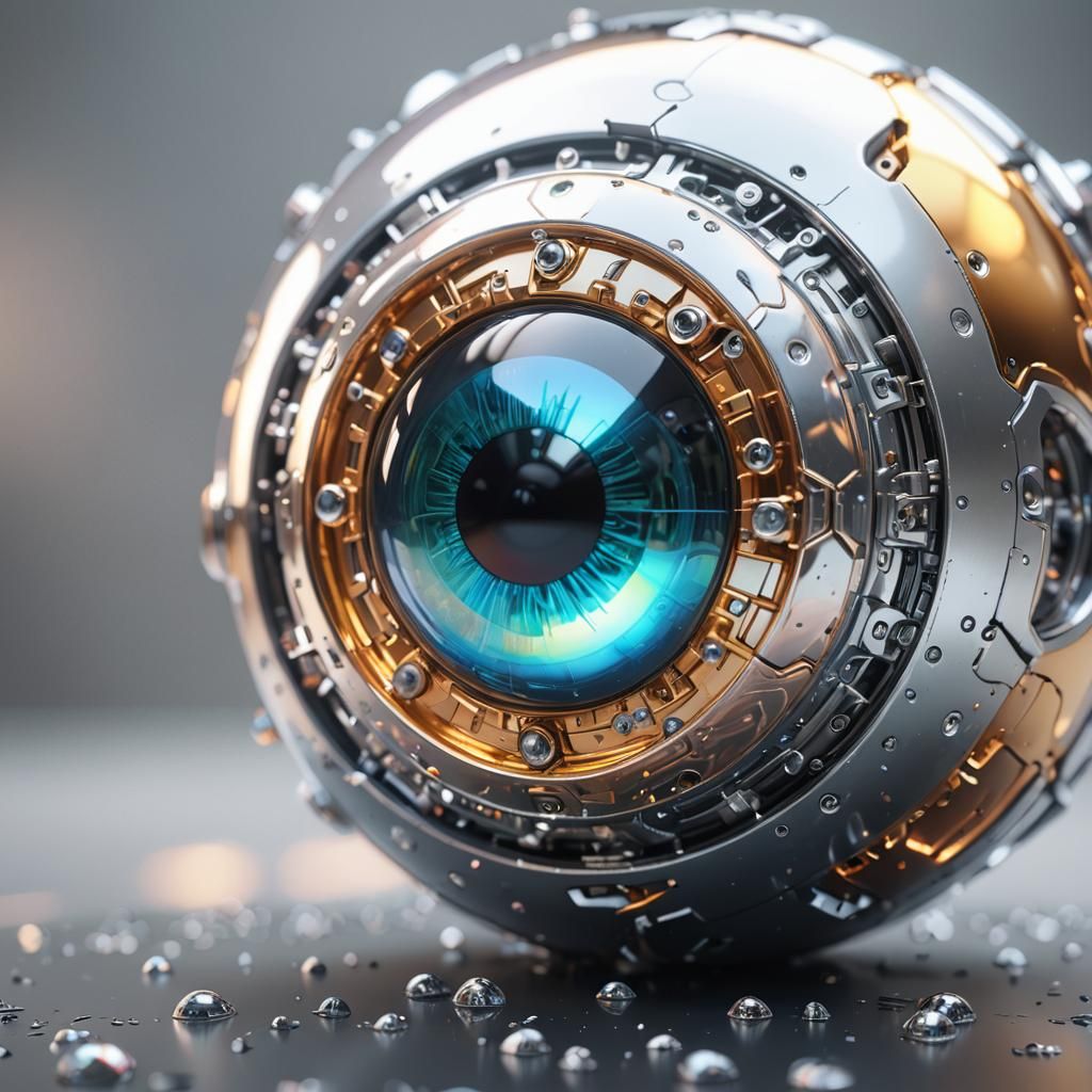A holographic liquid chrome finish eyeball intricate mech de...