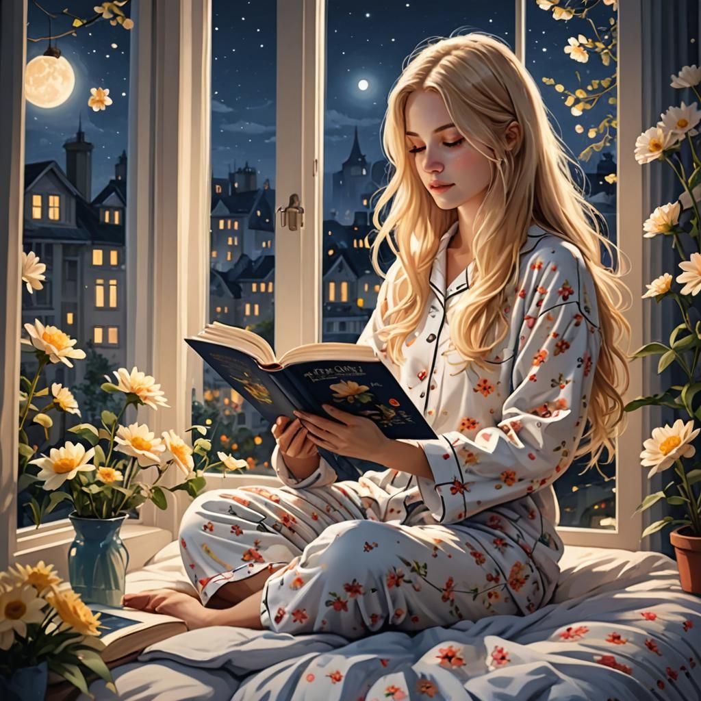 Girl Reading Book at Night with Flowers