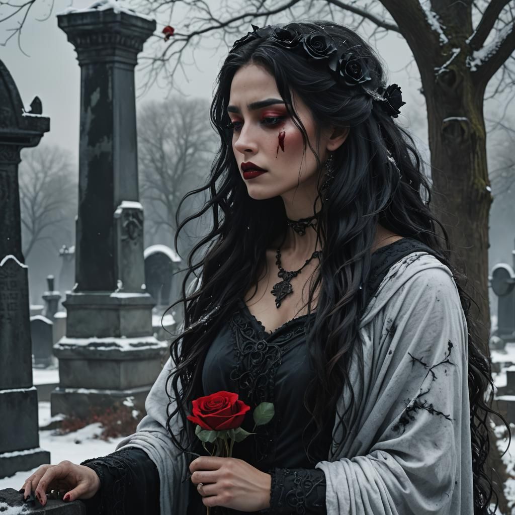 Mourning Goddess in Snowy Graveyard, Digital Matte Painting