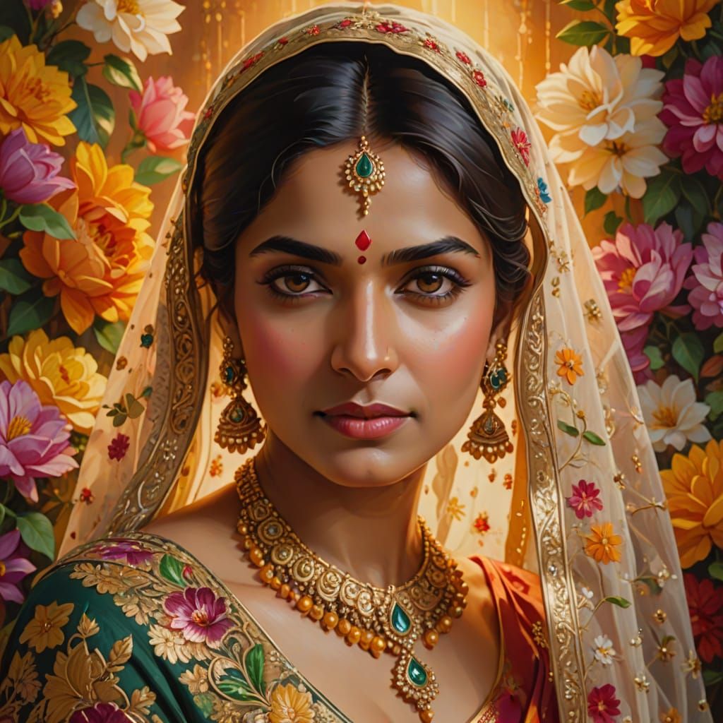 Elegant Indian Woman Portrait as Vibrant Oil Painting