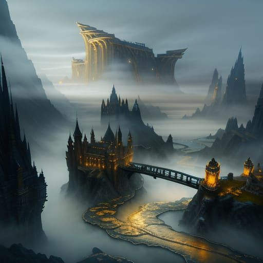 Ethereal City of Golden Bridges Amidst Water Cliffs and Mist...