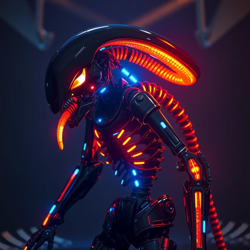Bioluminescent Cybernetic Xenomorph in Biomechanical Style