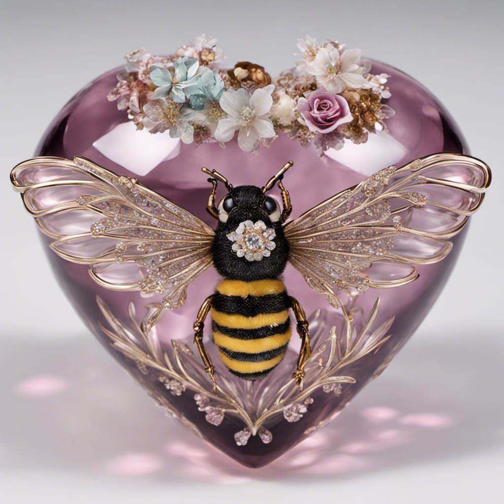 Crystal Heart Sphere with Bumblebee in Decoupage Art