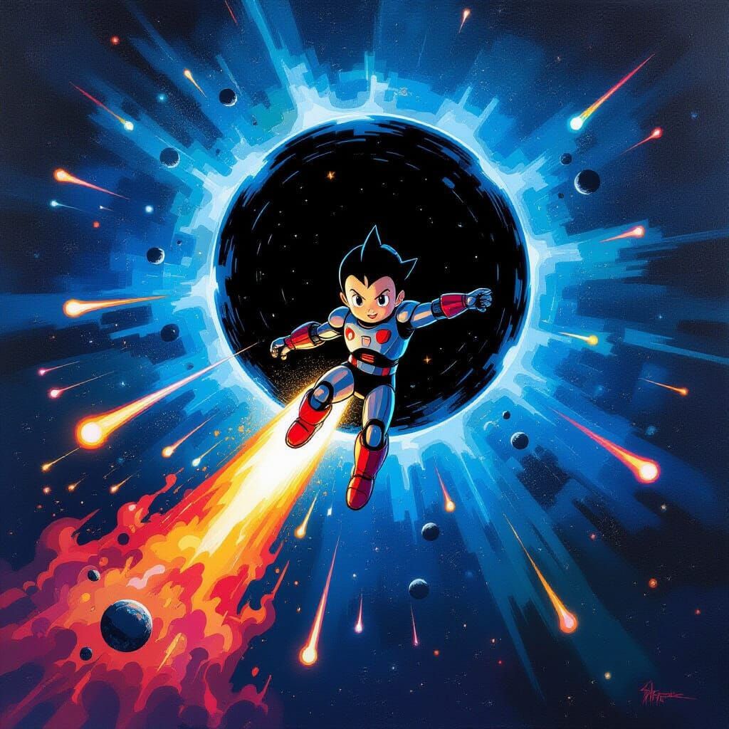 Astroboy Flies Through Cosmos in Graffiti Art Style