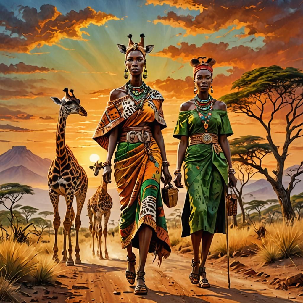 Zulu Woman Strolls Through Vibrant African Sunset with Gentl...