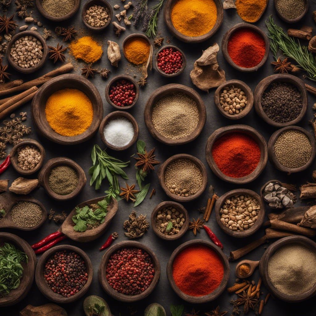 Detailed High-Resolution Photograph of Herbs and Spices