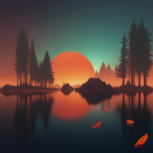 Surreal Orange Monster in Fantasy Sunset Landscape
