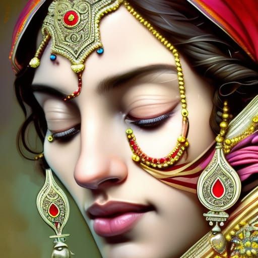 Hindu Woman Portrait with Ornate Jewelry in Art Nouveau Styl...