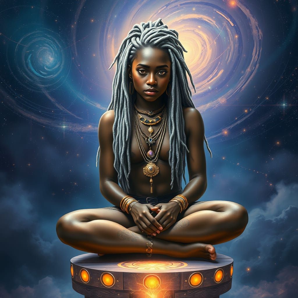 Cosmic Portrait of Woman with Silver Dreadlocks