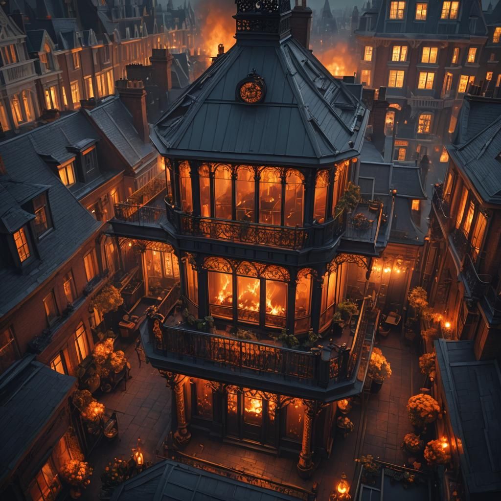 Victorian Balcony at Night with Burning Fireplace