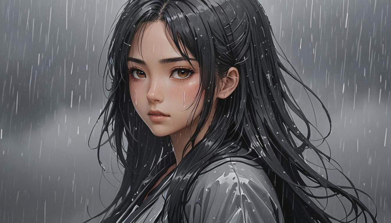 Anime Girl in Rain, Cel-Shaded Style