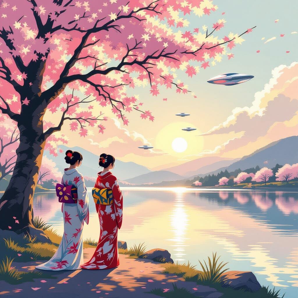 Sisters Tending Glowing Sakura Trees by Tranquil Lake