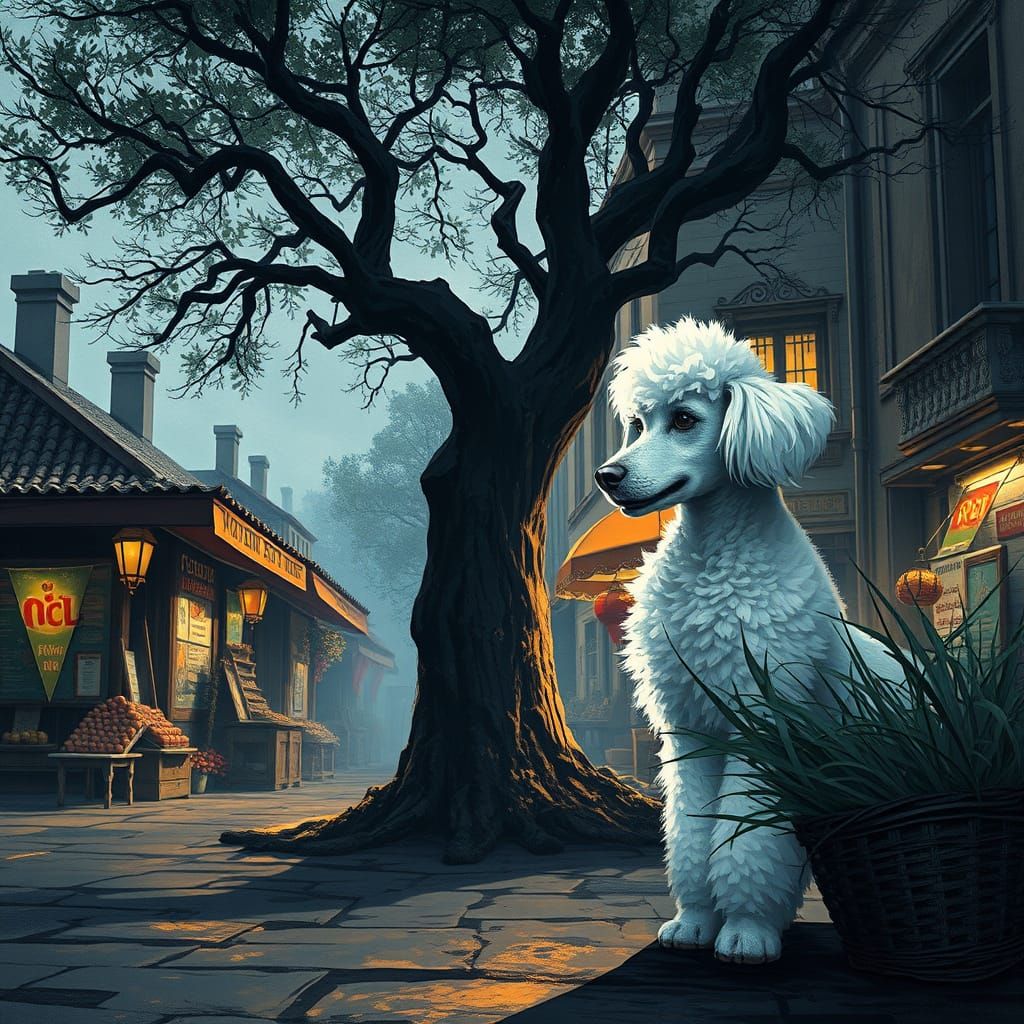 Noir Cubist Poodle by a Crooked Tree