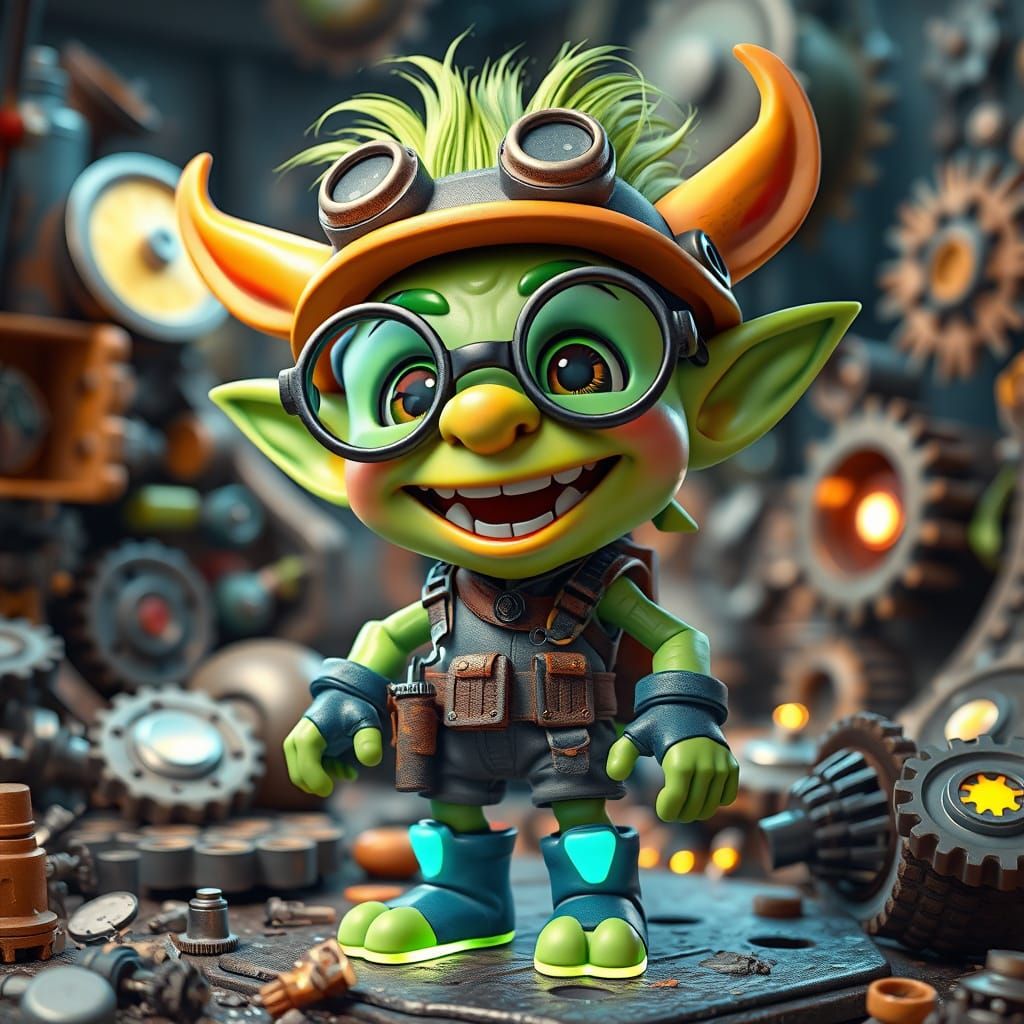 Cheerful Goblin Engineer in 3D Anime Style