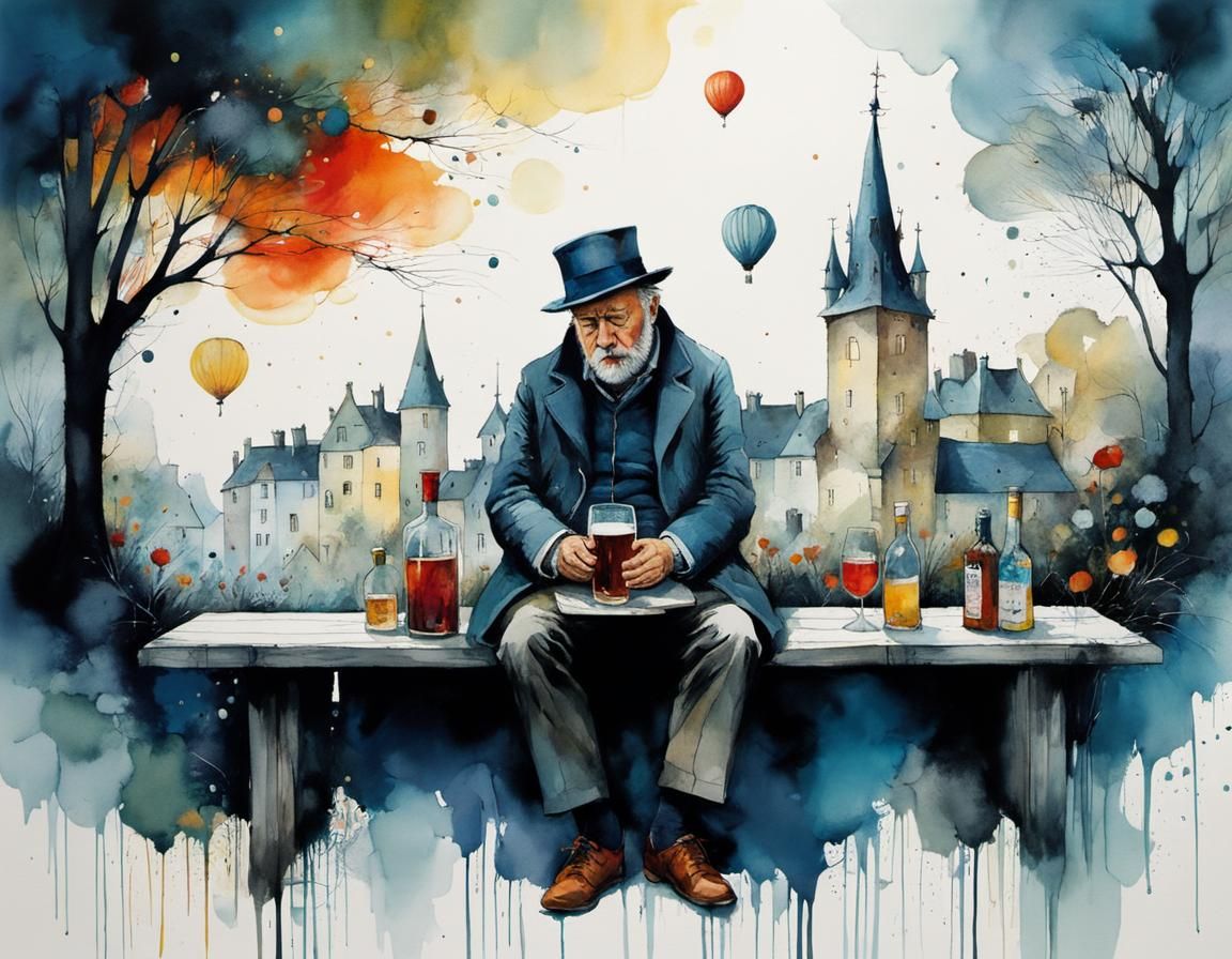 Whimsical Illustration of a Tired Person in Cubist Style