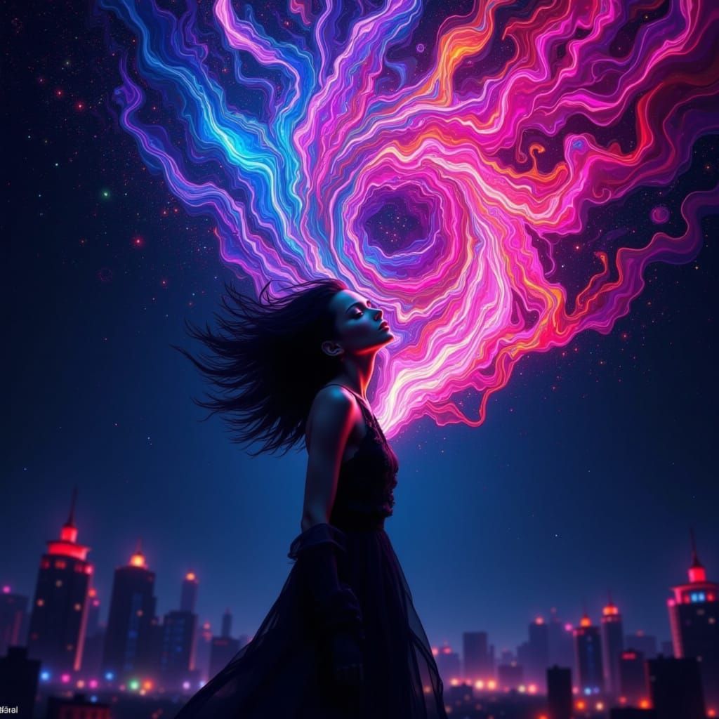 Swirling Galaxy Flows Into Woman's Open Mouth