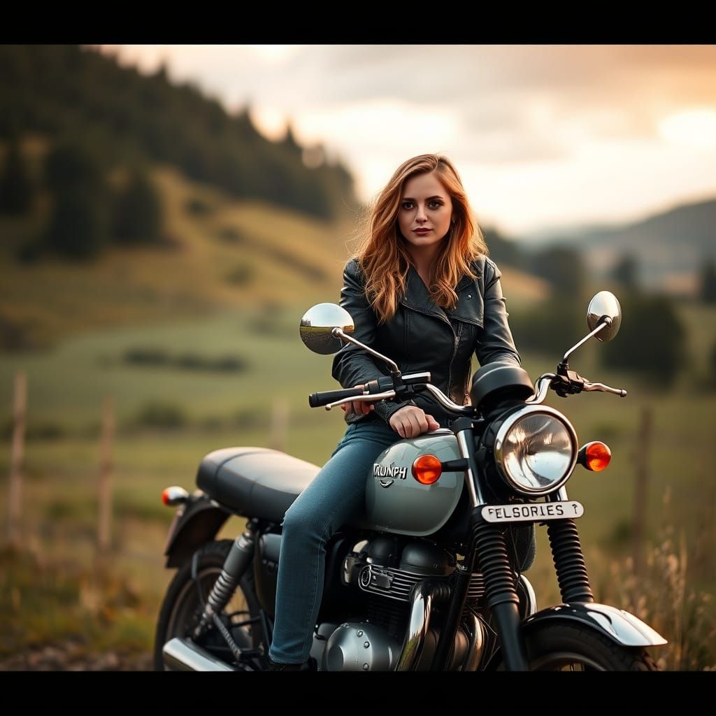 Woman on Vintage Motorcycle in Pastoral Landscape