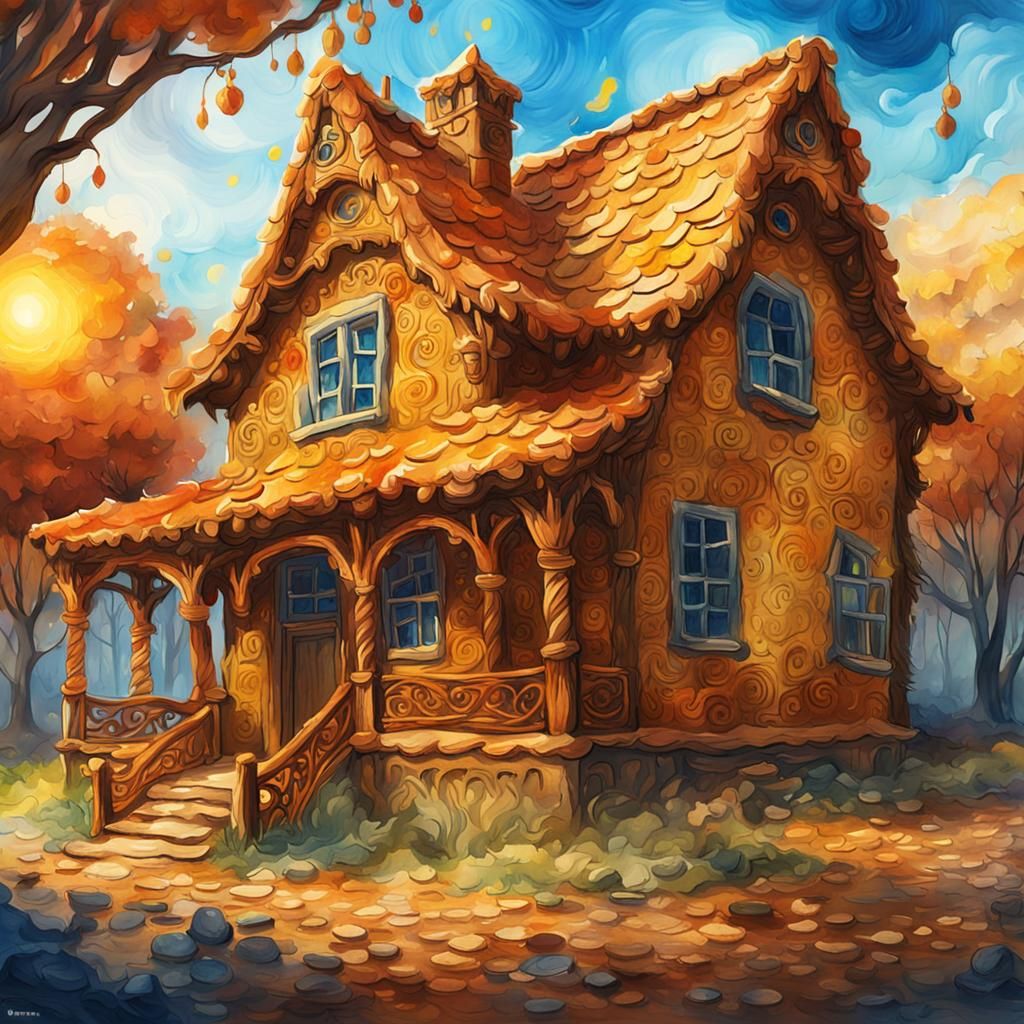 Gingerbread House in Watercolor Van Gogh Style