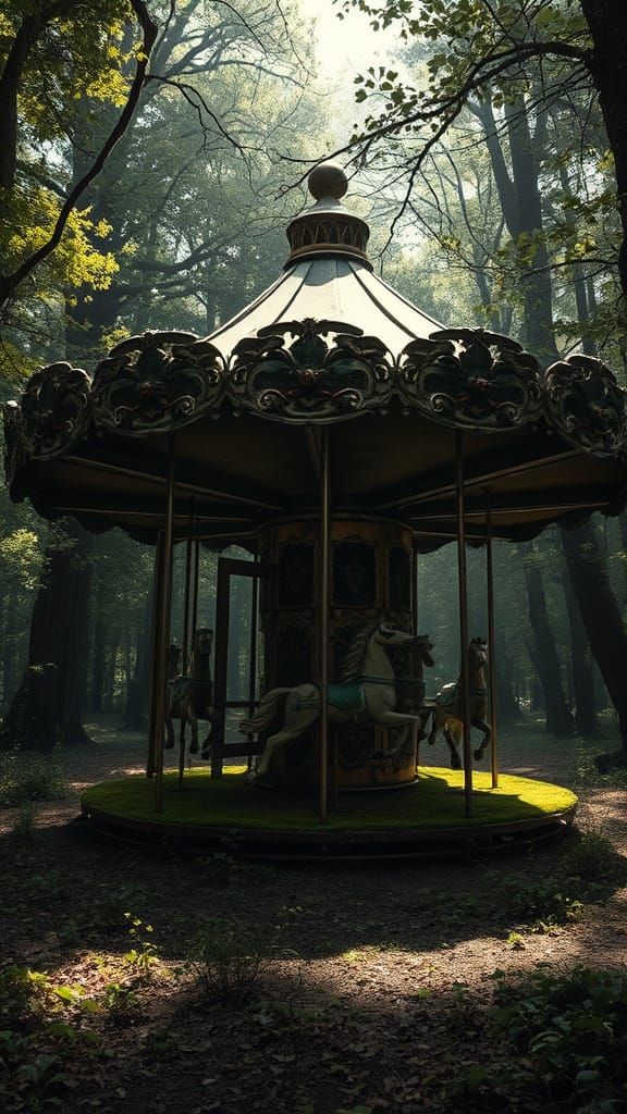 Abandoned Carousel in Sunlit Forest Clearing