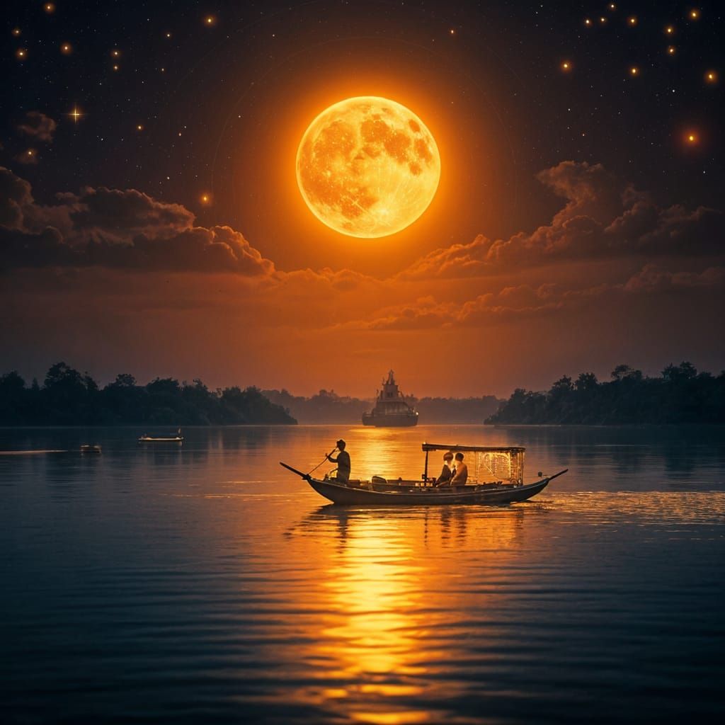 Golden Moon Over Padma River in Vibrant Folk-Art Style