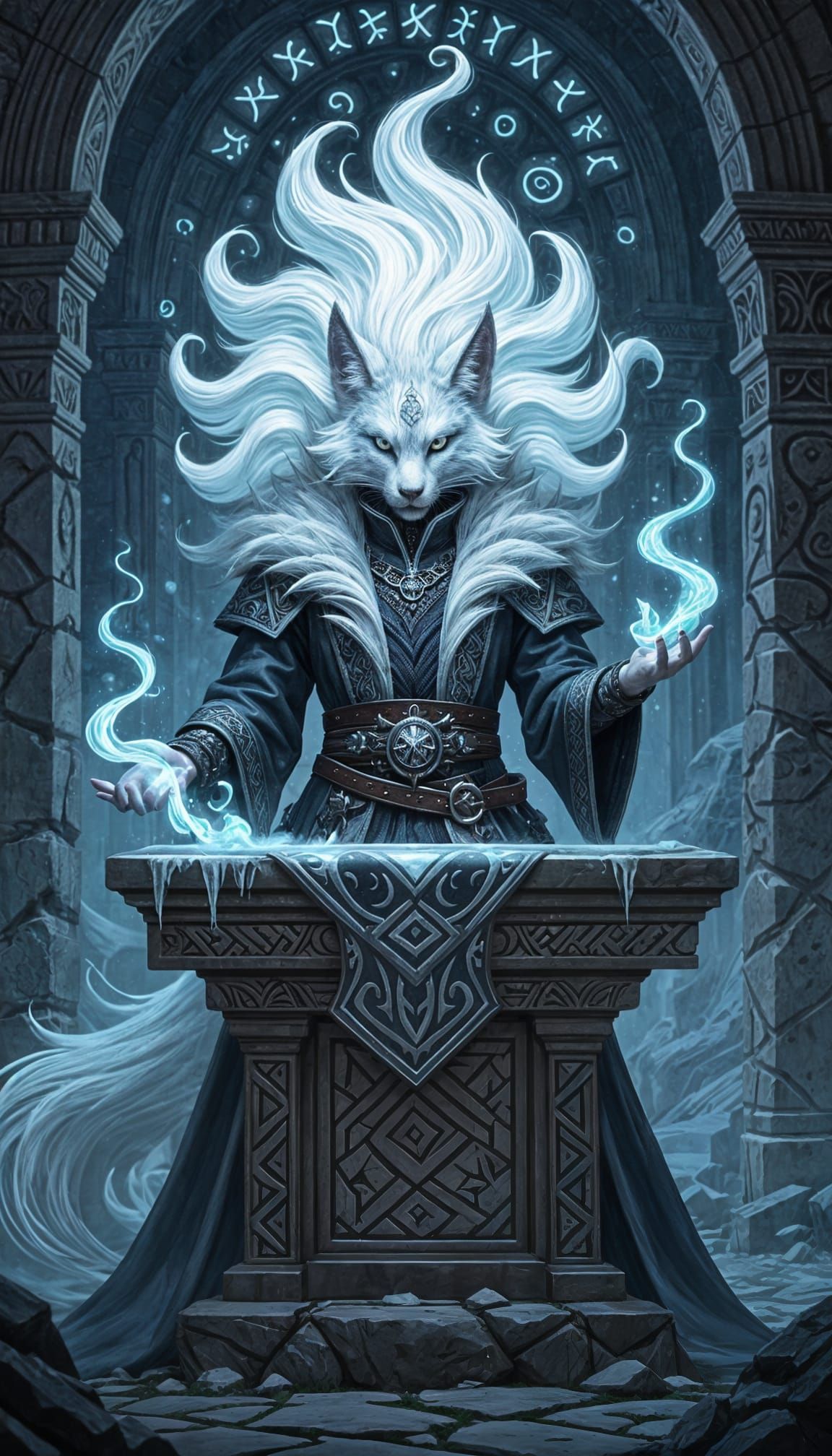 Tabaxi Warlock with Intricate White Fur, in Dark Fantasy Art
