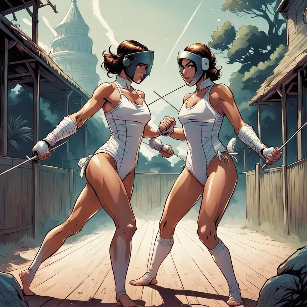 Bikini Fencing Duel in Comic Book Style