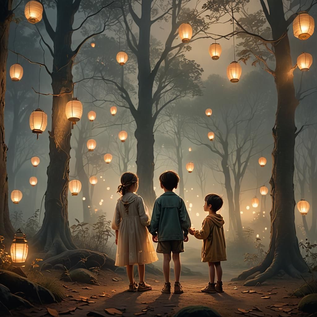 Children with Lanterns in Ethereal Forest at Dusk