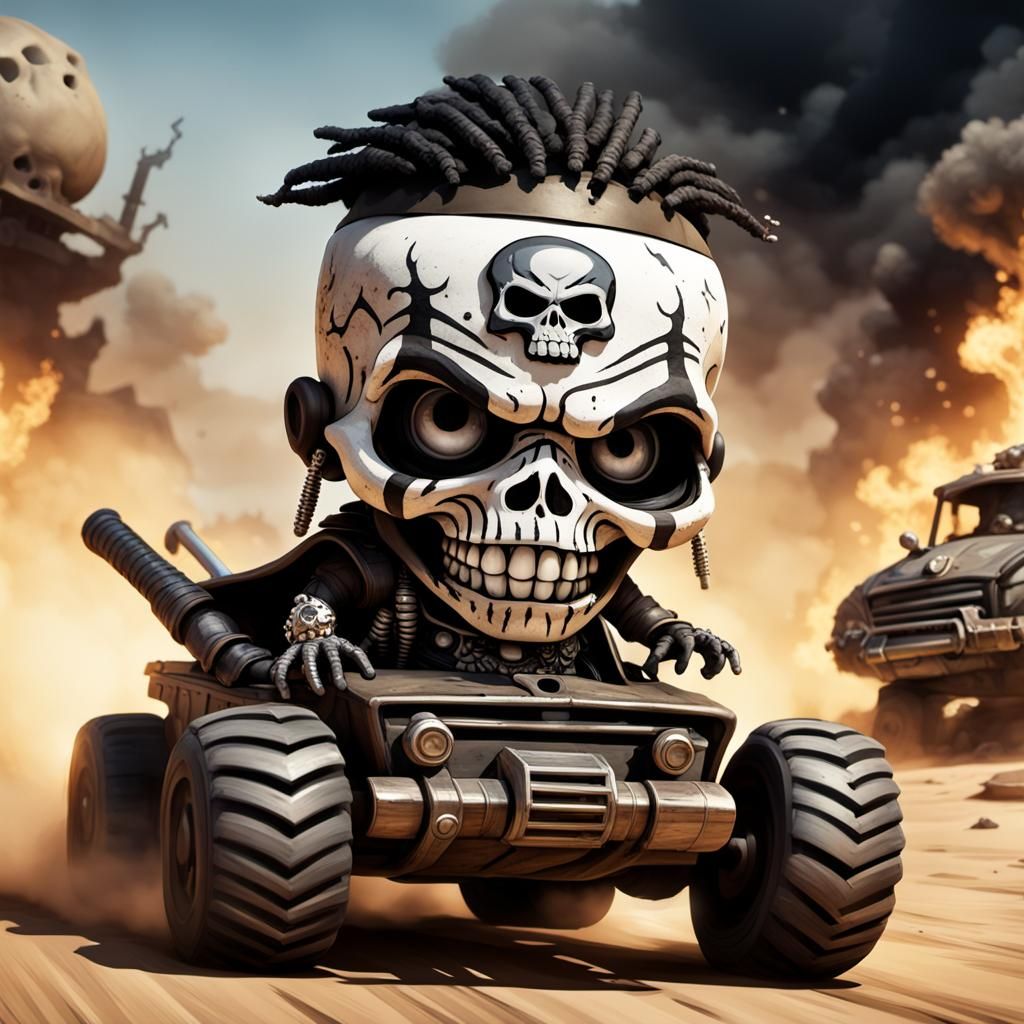 Chibi Baron Samedi Races Skull Tank in Apocalyptic Wasteland