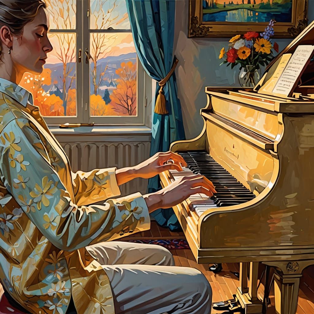 Classical Pianist Performs Under Warm Evening Light