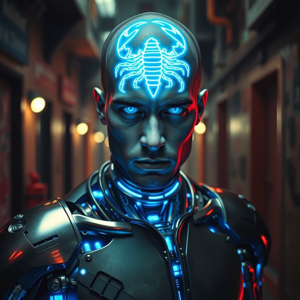 A tech-modified man with tattoo of a neon glowing scorpion on his forehead