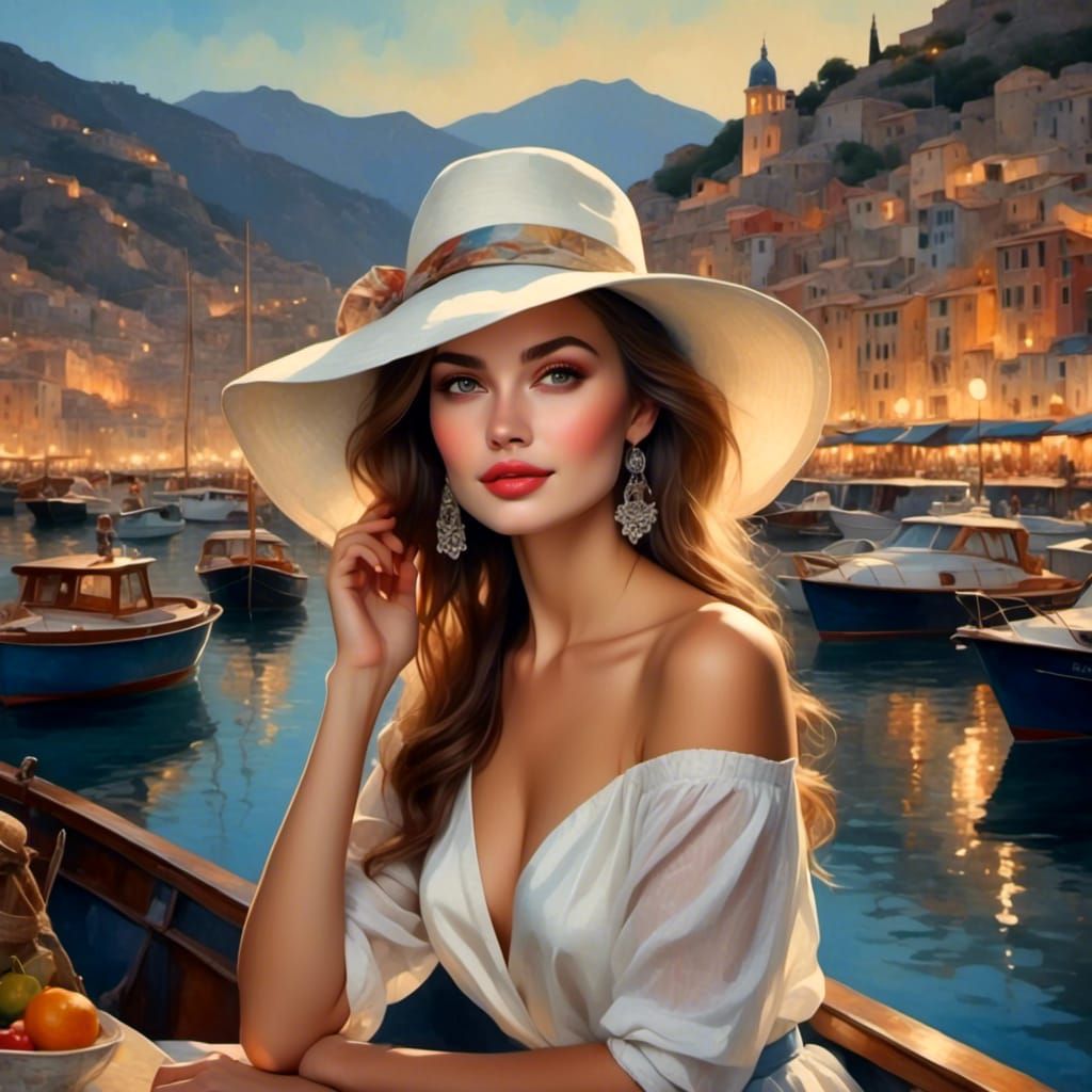 Beautiful Woman Posing in Harbour, Watercolor Style
