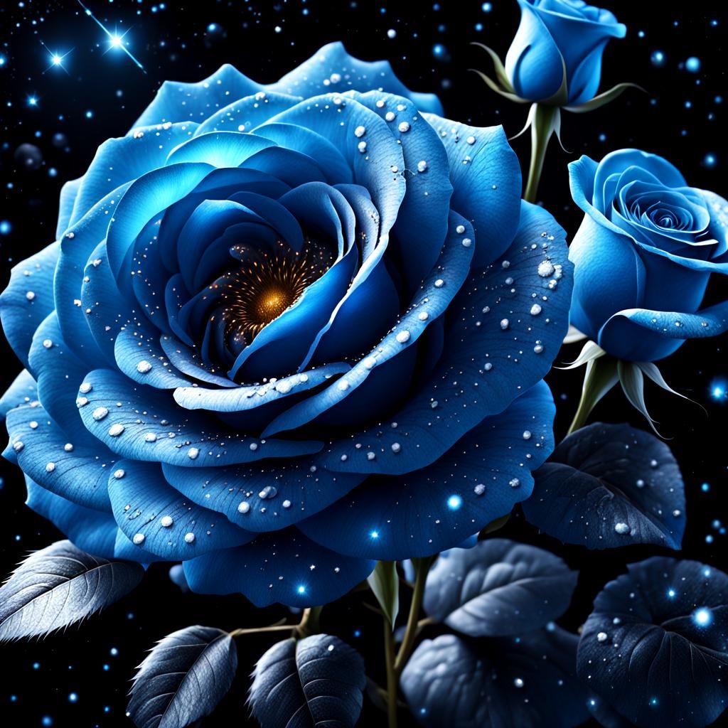 Blue Roses Under a Starry Galaxy Night