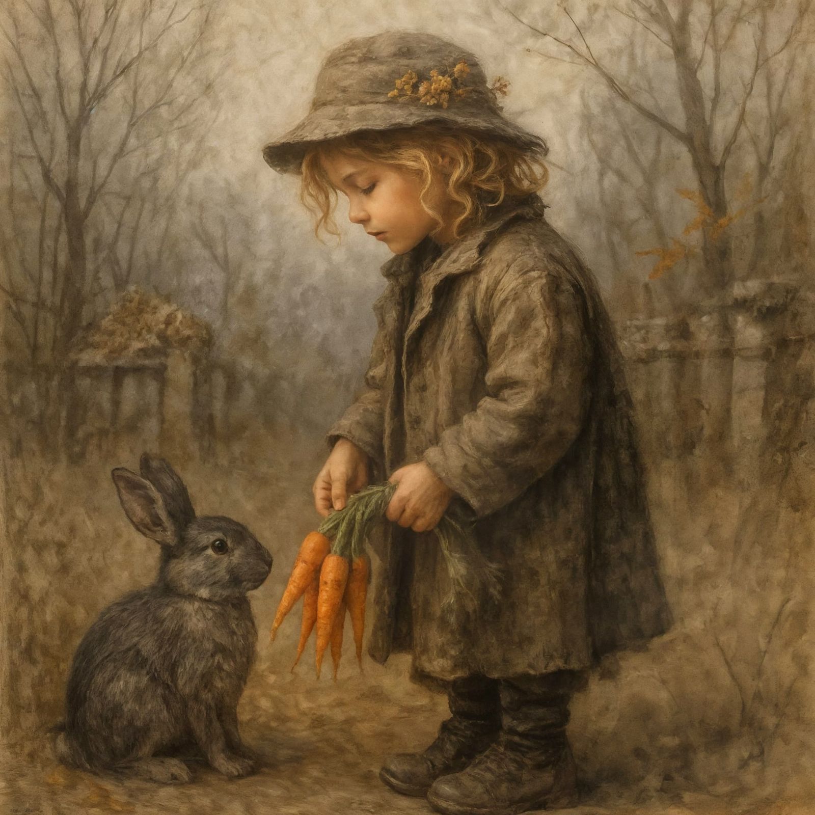 Girl Offers Carrots to Rabbit in Autumn Landscape