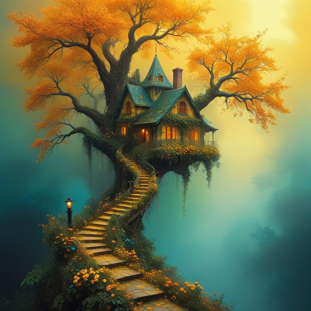 Vibrant Treehouse Amidst Blooming Paradise