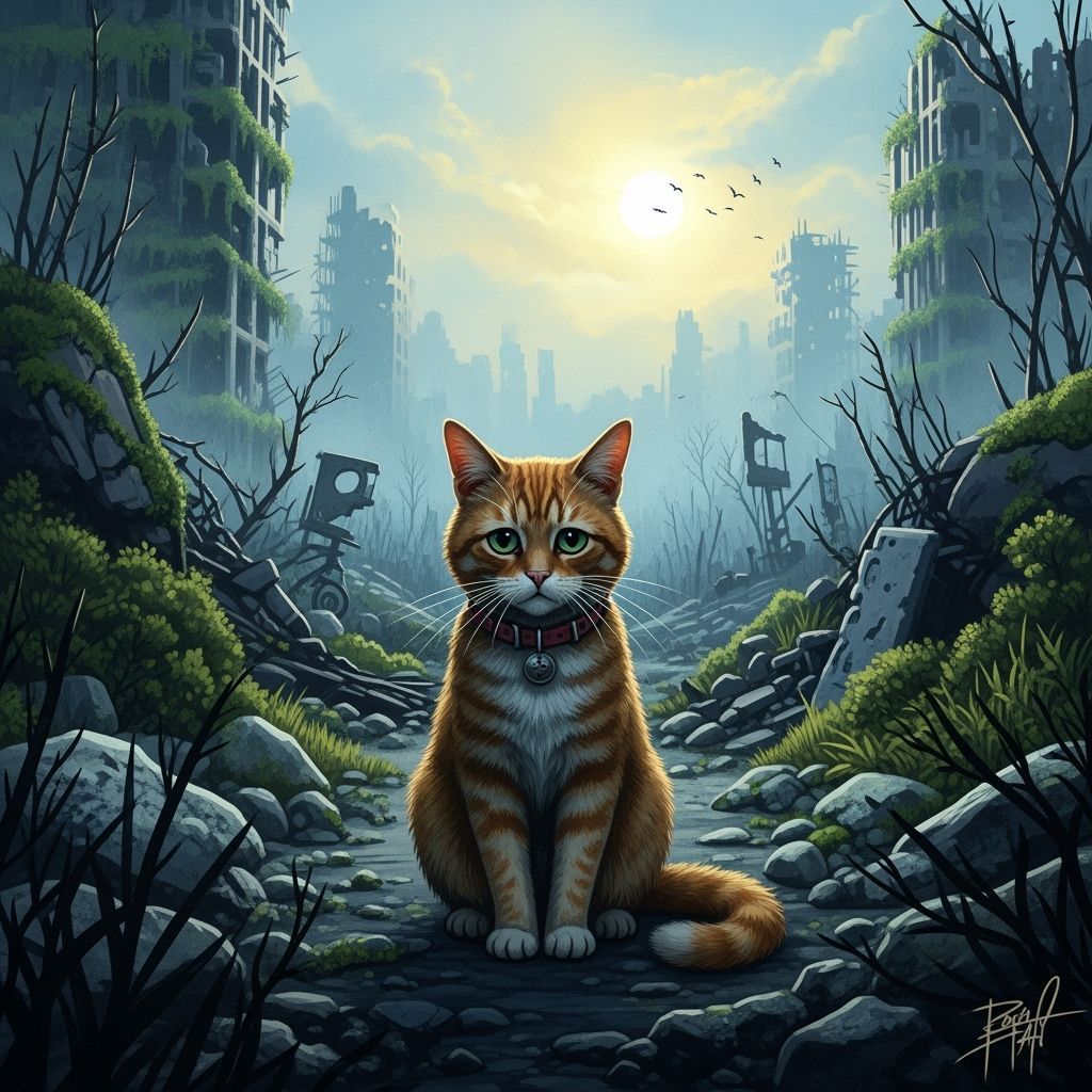 Sad Cat in Post-Apocalyptic Ruins