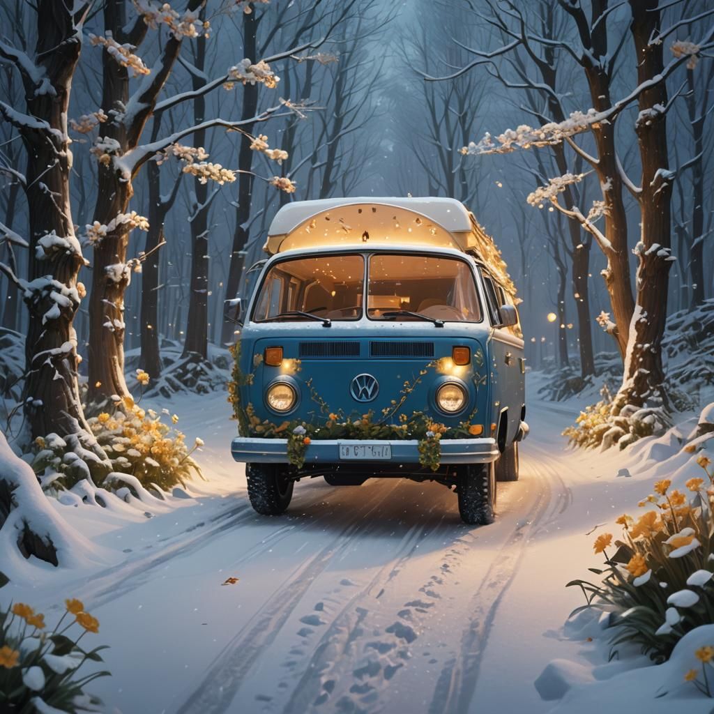 Fantasy Campervan Drives Through Snowy Forest