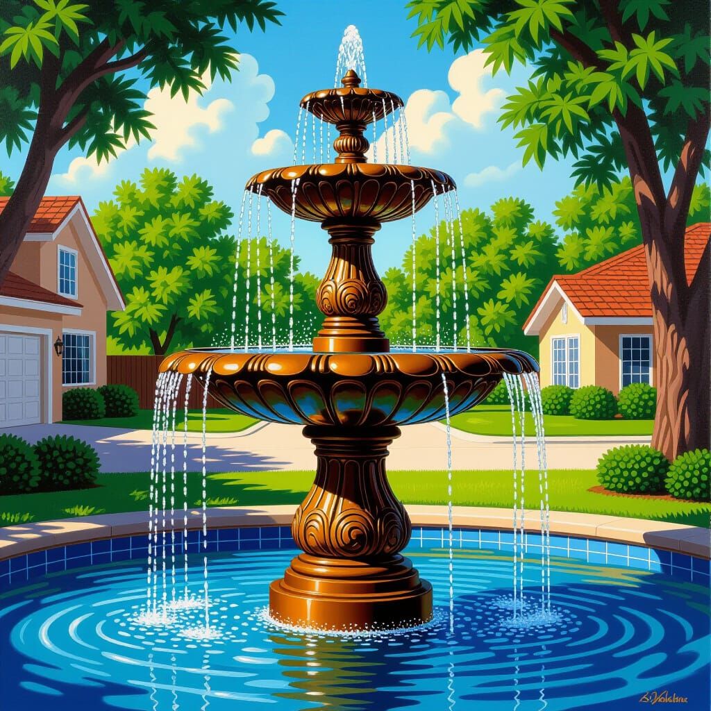 Ornate Bronze Fountain in 80s Commercial Art Style