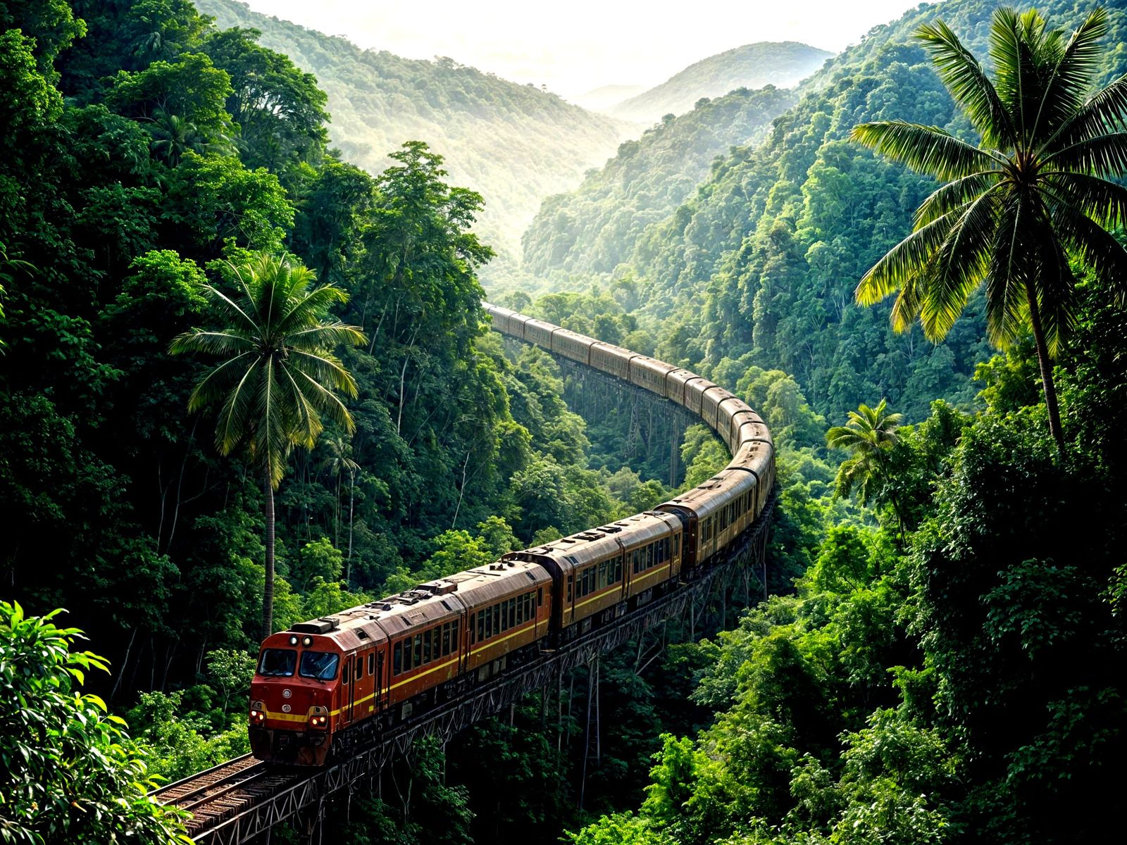 A long distance aerial view of a long train traveling though...