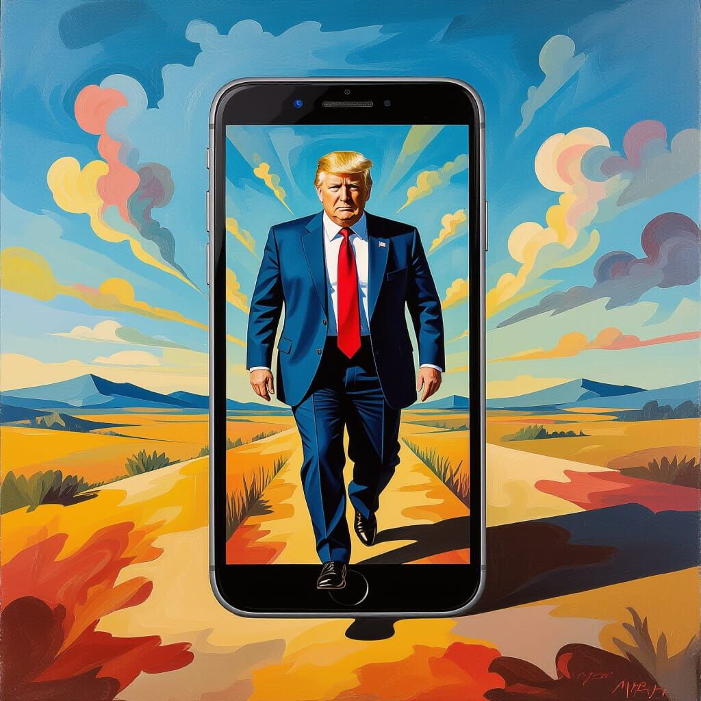 Surreal Painting of Trump Emerging From a Smartphone Portal
