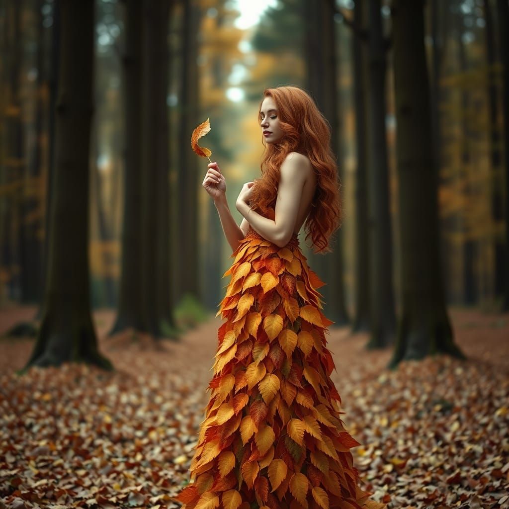 Autumn Woman in Leaf Dress in Enchanted Forest