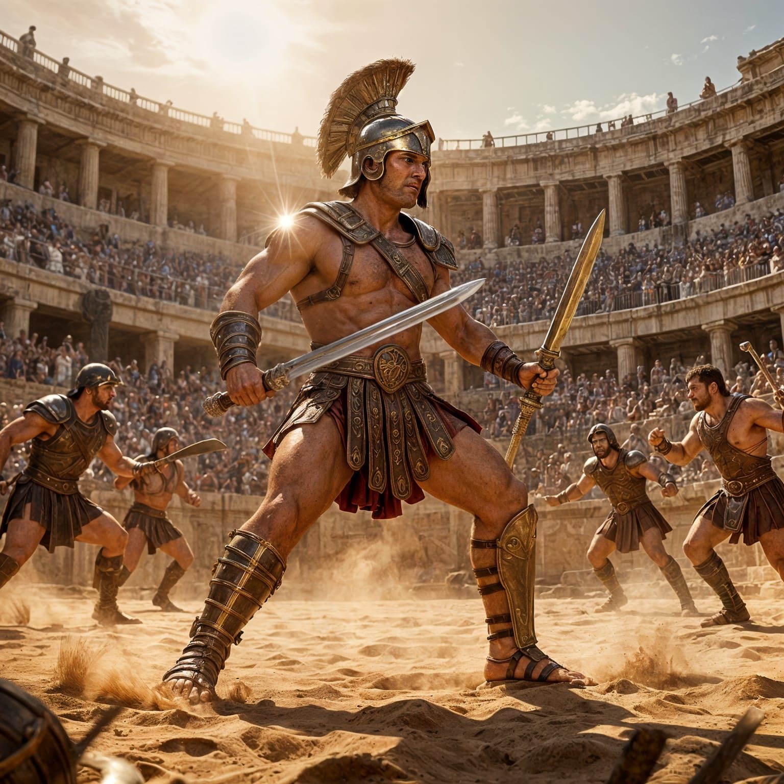 Muscular Greek Gladiator in Ancient Arena Battle Stance