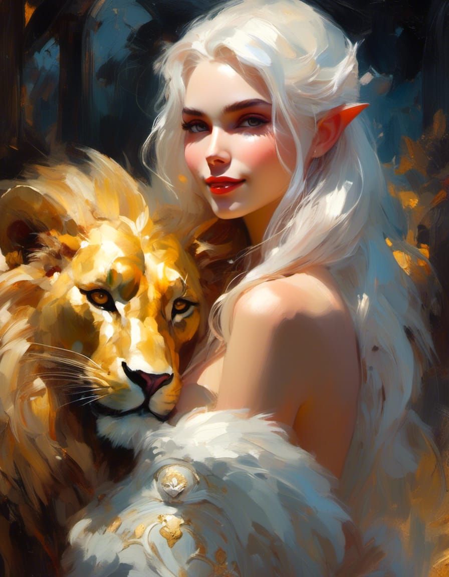 Elf and Golden Lion in Detailed Painting